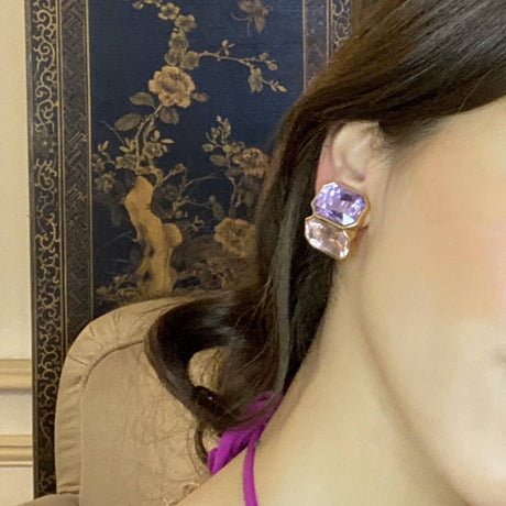 Light Amethyst and Light Rose Double Stone Clip Earrings