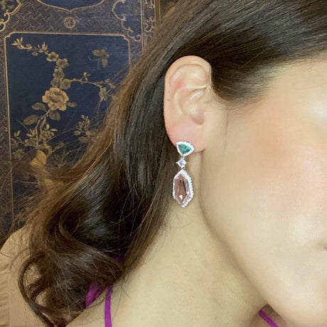 Emerald and Pink Cubic Zirconium Drop Earrings