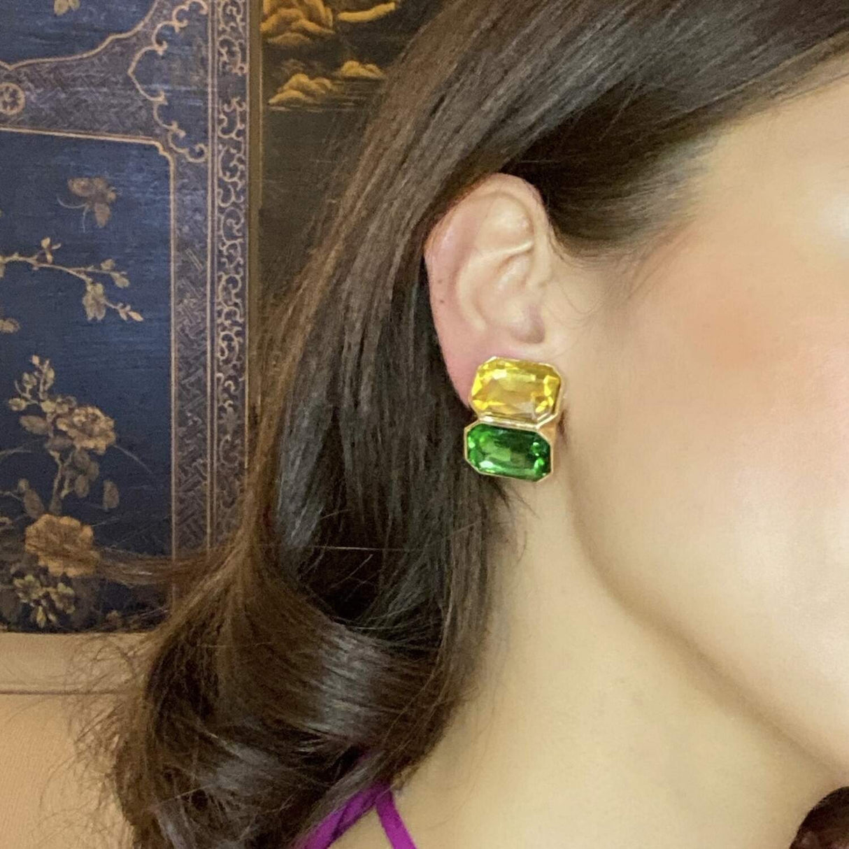 Topaz and Emerald Double Stone Clip Earrings