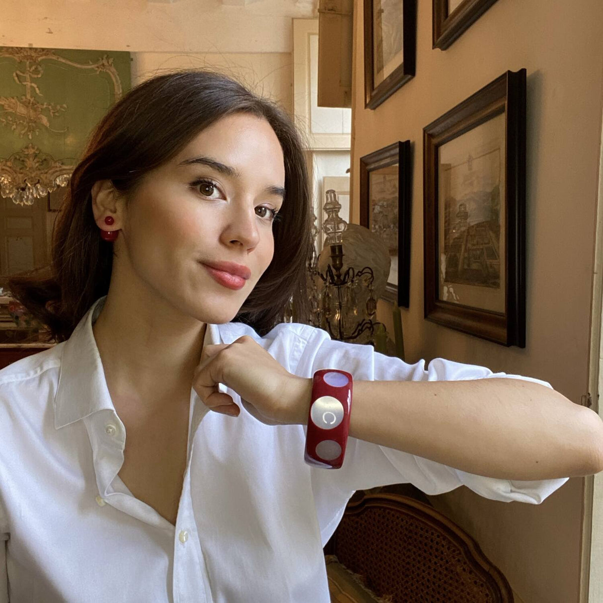 Burgundy and Mother of Pearl Deco-Style Spotted Bracelet