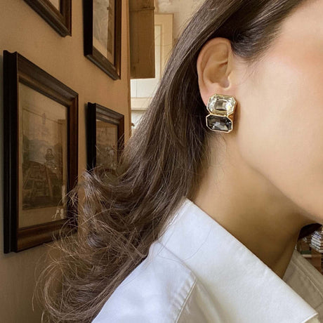 Crystal and Black Diamond  Double Stone Clip Earrings