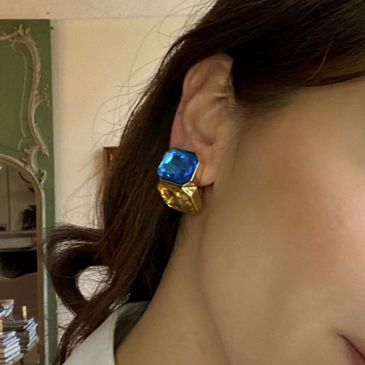 Aqua and Topaz Double Stone Clip Earrings