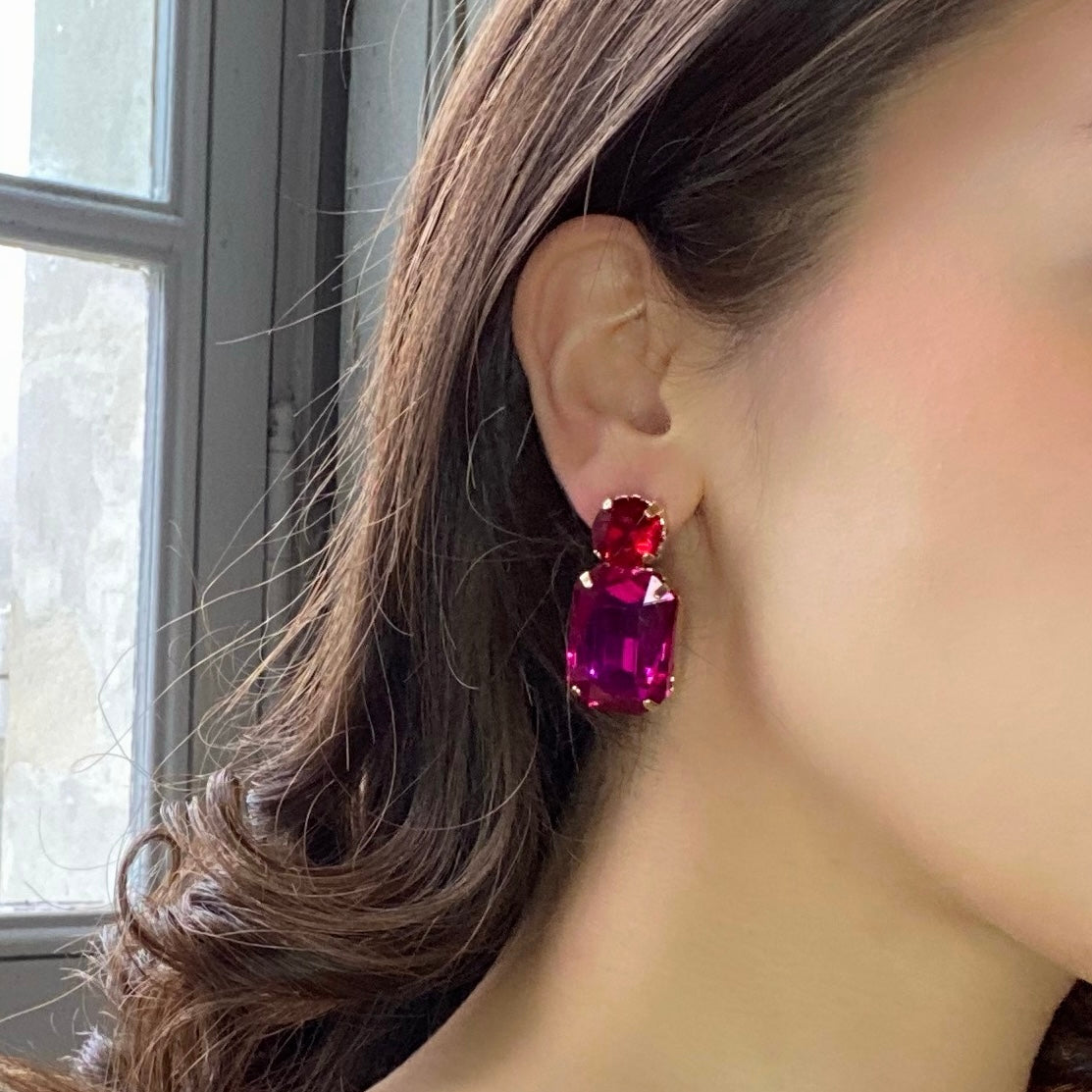 Fuschia Crystal Ocatgon and Ruby Round Stone Drop Earrings