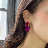 Fuschia Crystal Ocatgon and Ruby Round Stone Drop Earrings