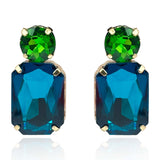 Peacock Blue Crystal Ocatgon and Green Tourmaline Round Stone Drop Earrings