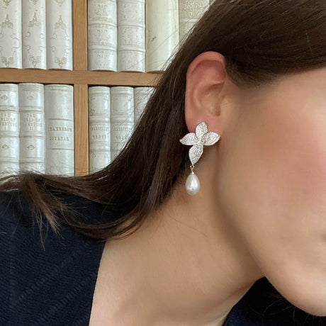 Cubic Zirconium Pave and Pearl Drop Clip on Earrings