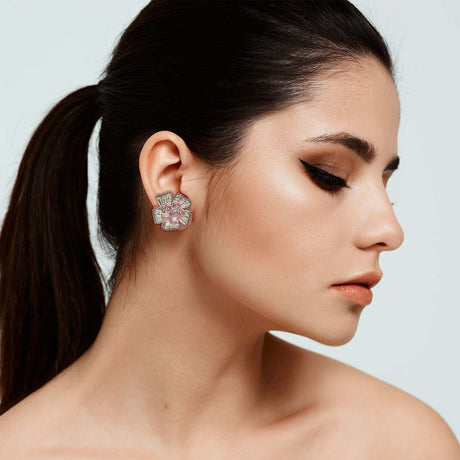 Pink Sapphire and Baguette Crystal Clip on Button Earrings