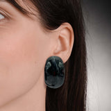 Black Marbled Resin Clip on Semi Hoop Earrings