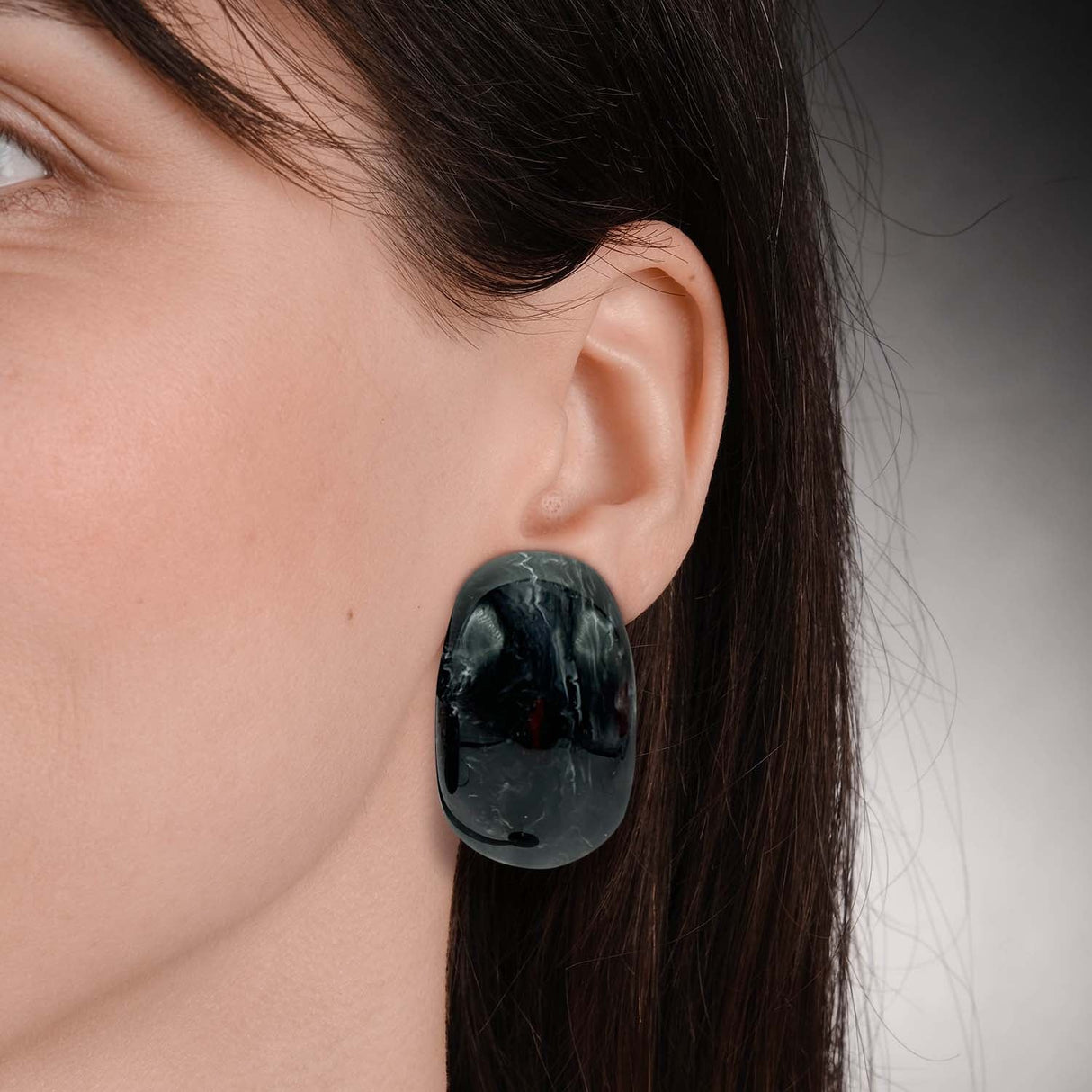 Black Marbled Resin Clip on Semi Hoop Earrings