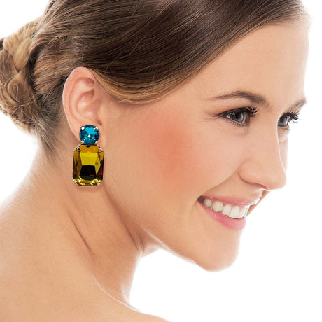 Topaz Crystal Ocatgon and Aqua Round Stone Drop Earrings I
