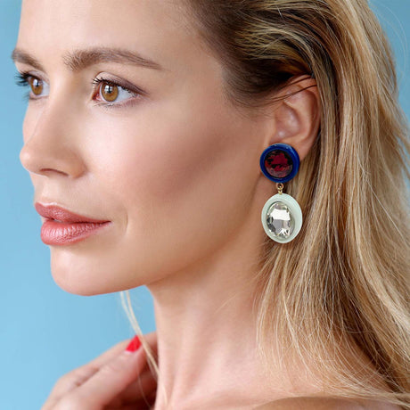 Aqua and Navy Resin Drop Earrings With Crystal and Dark Topaz