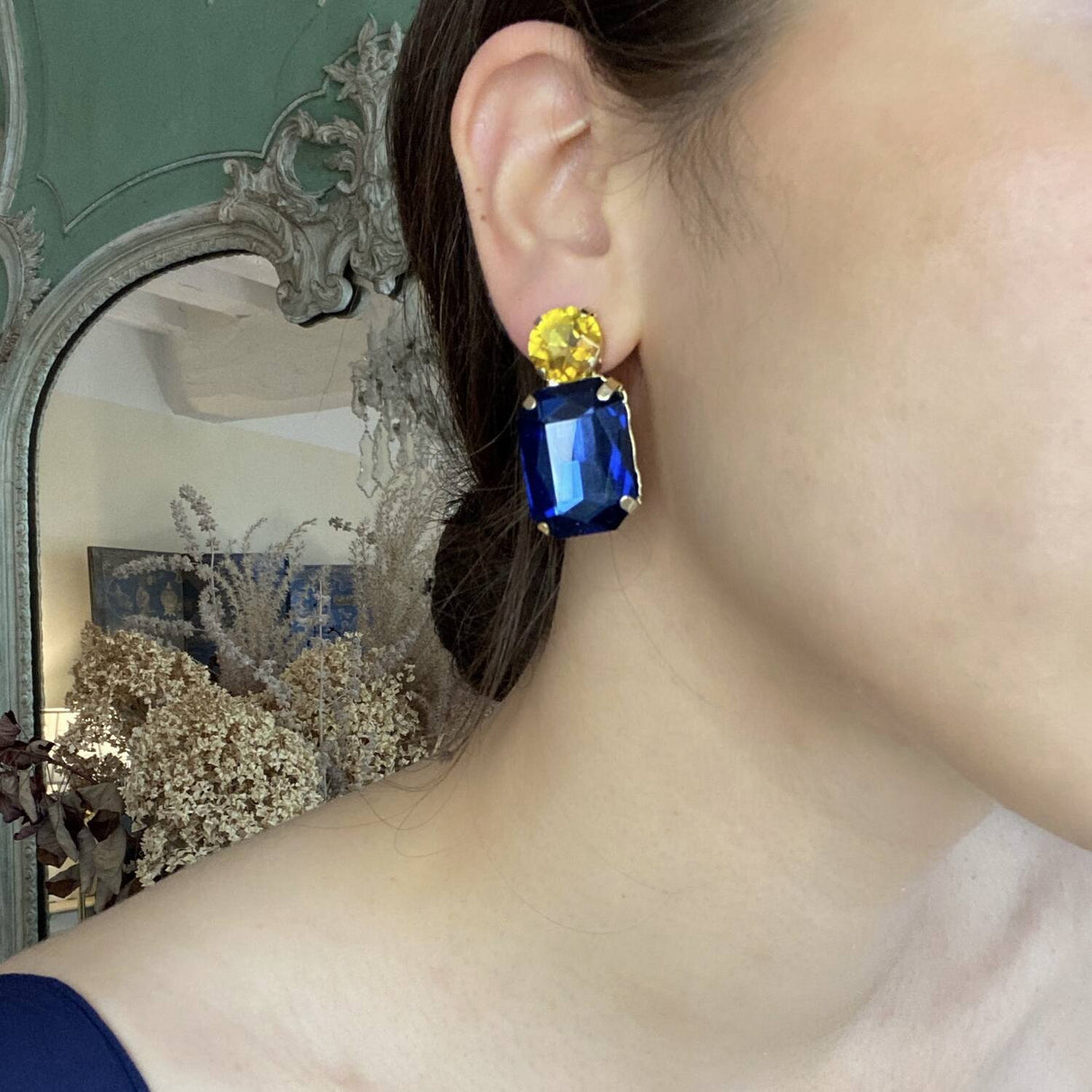 Montana Sapphire Crystal Ocatgon and Topaz Round Stone Drop Earrings