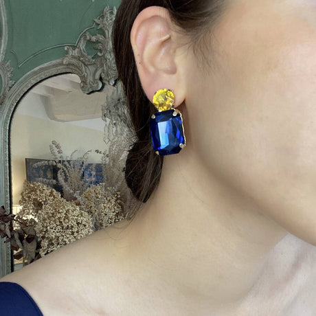 Montana Sapphire Crystal Ocatgon and Topaz Round Stone Drop Earrings