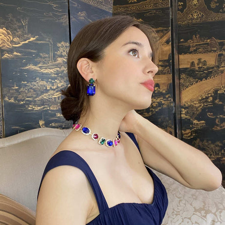 Dark Sapphire Crystal Ocatgon and Emerald Round Stone Drop Earrings