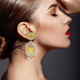 Canary and Crystal Clip on Drop Earrings in Gold Plated Brass Setting