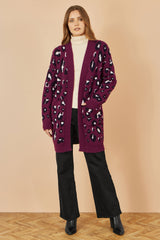 Yumi Burgundy Animal Intarsia Long Cardigan
