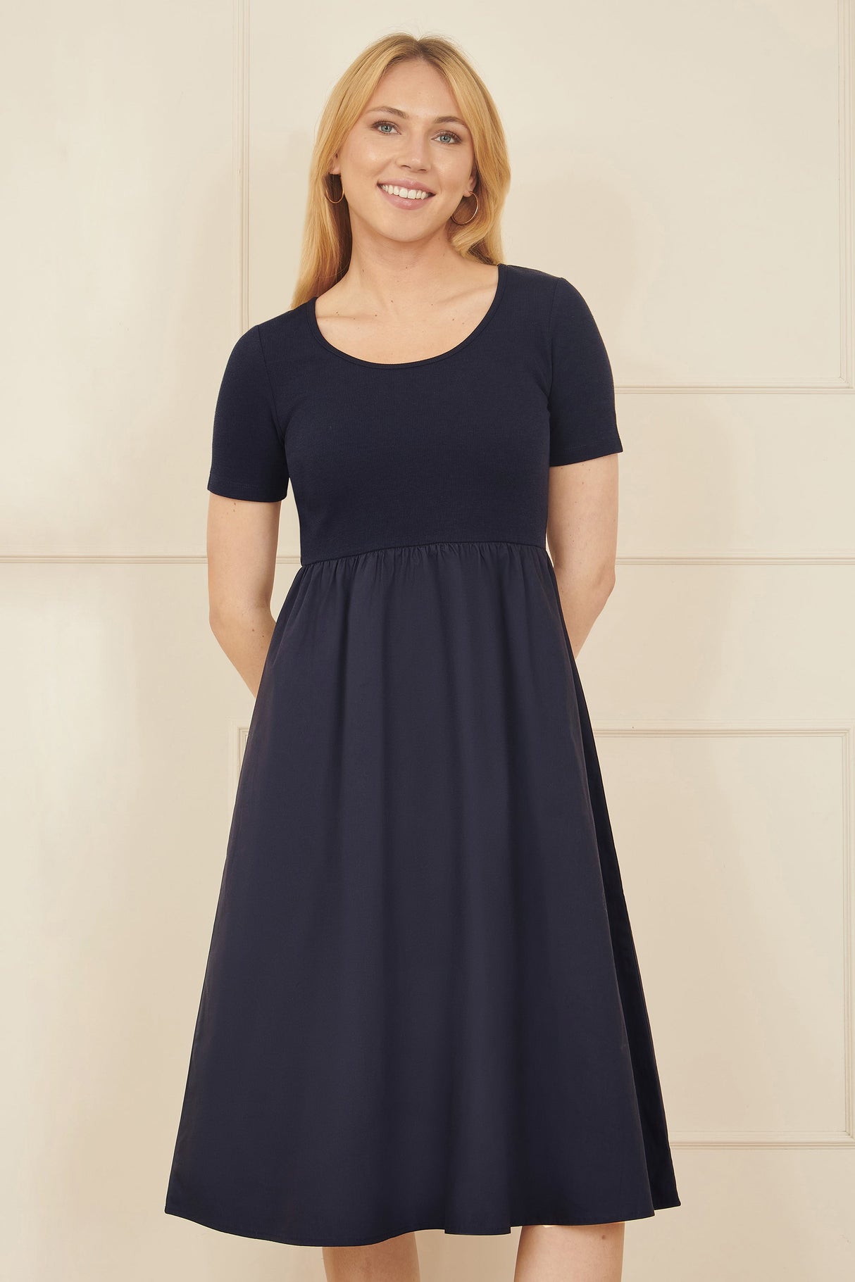 Yumi Navy Jersey Top and Cotton Midi Dress
