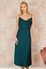 Yumi Green Satin Cowl Neck Midi Slip Dress