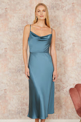 Yumi Blue Satin Cowl Neck Midi Slip Dress