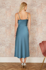 Yumi Blue Satin Cowl Neck Midi Slip Dress