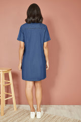 Yumi Blue Cotton Chambray Tunic With Zip Neckline