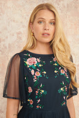 Yumi Navy Embroidered Sleeve Prom Skater Dress