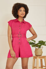 Yumi Pink Cotton Twill Button Up Playsuit With Matching Belt