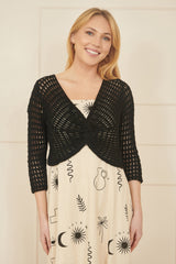 Yumi Black Cotton Crochet Twisted Bolero Top