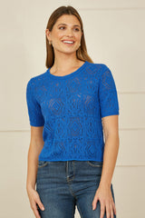 Yumi Blue Cotton Crochet Knitted Top