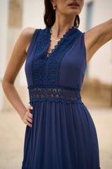 Yumi Navy Lace Trim Cotton Midi Sun Dress