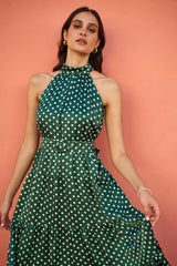 Yumi Green Spot Print Halter Midi Dress With Matching Belt
