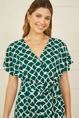 Yumi Green Geometric Print Wrap Jumpsuit