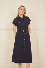 Yumi Navy Viscose Linen Look Midi Shirt Dress With Wooden Belt