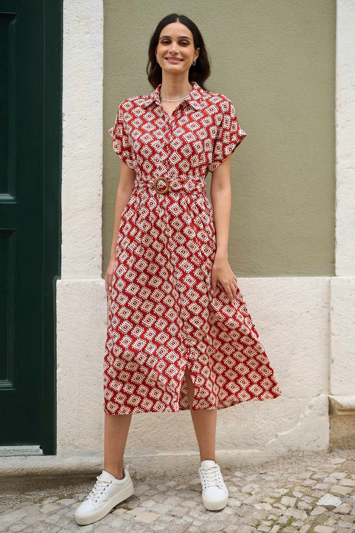Yumi Red Viscose Midi Shirt Dress With Matching Belt