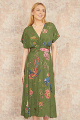 Yumi Green Bird and Floral Print Ruched Waist Kimono Midi Dress