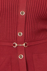 Yumi Burgundy Rib Knit Midi Shirt Dress With Snaffle Belt
