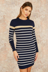Yumi Navy Striped Knitted Dress With Button Cuff Detail