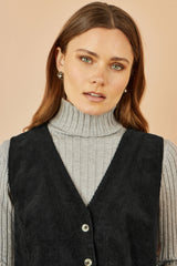 Yumi Black Cord Button Through Pinafore Dress With Pockets