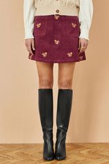Yumi Burgundy Corduroy Embroidered Squirrel Mini Skirt
