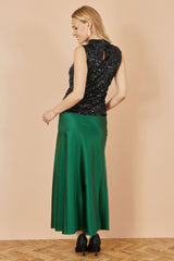 Yumi Green Satin Midi Skirt