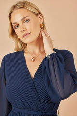 Yumi Navy Pleated Wrap Midi Dress With Sheer Long Sleeves