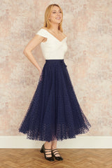 Yumi Navy Mesh Heart Print Tulle Skirt