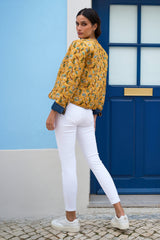 Yumi Blue Chambray Quilted Jacket With Reversible Floral Lining