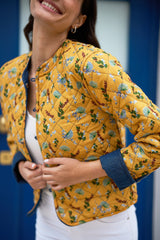 Yumi Blue Chambray Quilted Jacket With Reversible Floral Lining