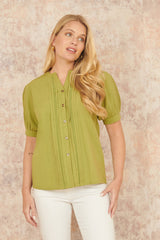Yumi Green Cotton Pleated short Sleeve Shirt