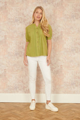 Yumi Green Cotton Pleated short Sleeve Shirt