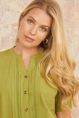 Yumi Green Cotton Pleated short Sleeve Shirt