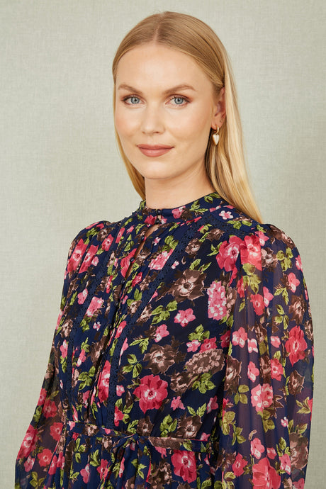 Yumi Navy Blossom Print Maxi Dress With Long Sleeves and Lace Trims