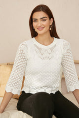 Yumi Ivory Crochet Knitted Top With Scallop Edge