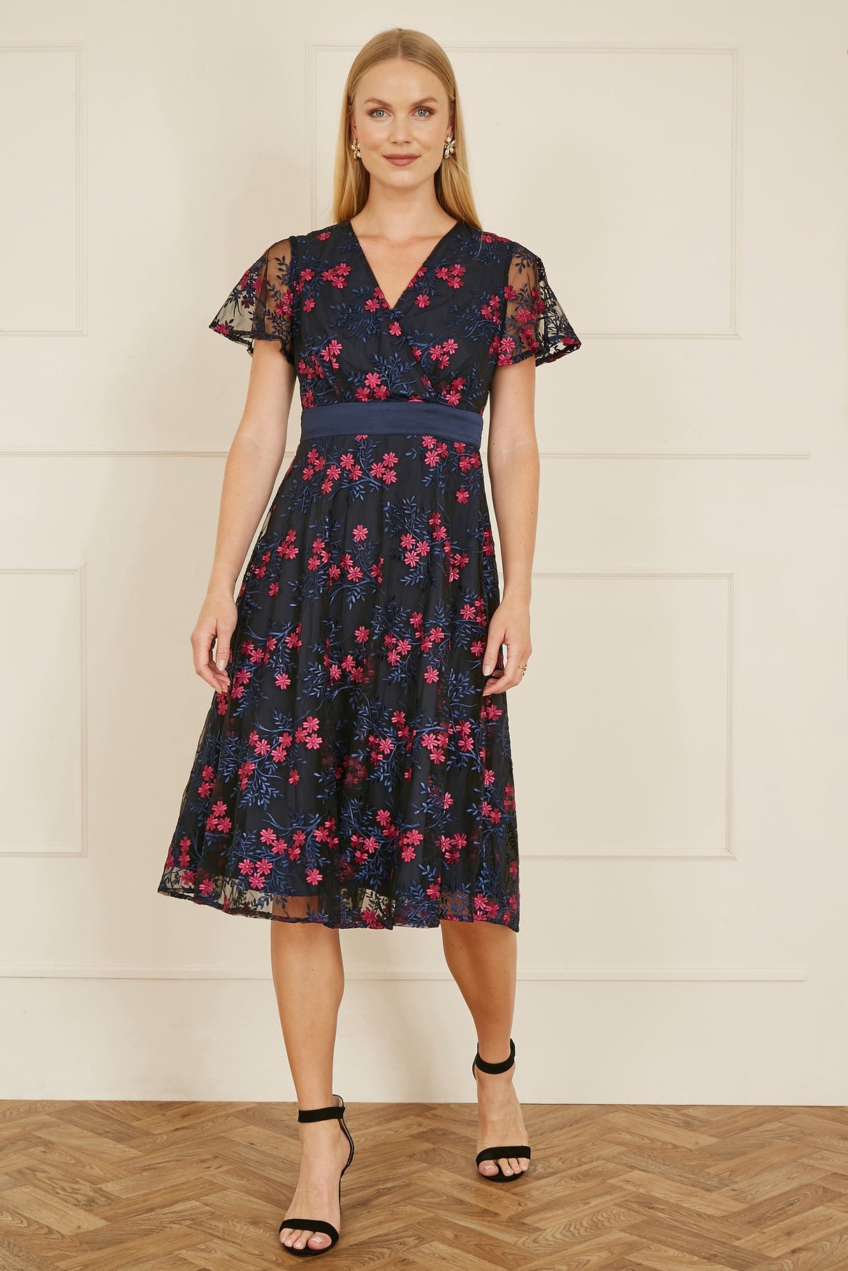 Yumi Navy Embroidered Floral Mesh Wrap Midi Skater Dress